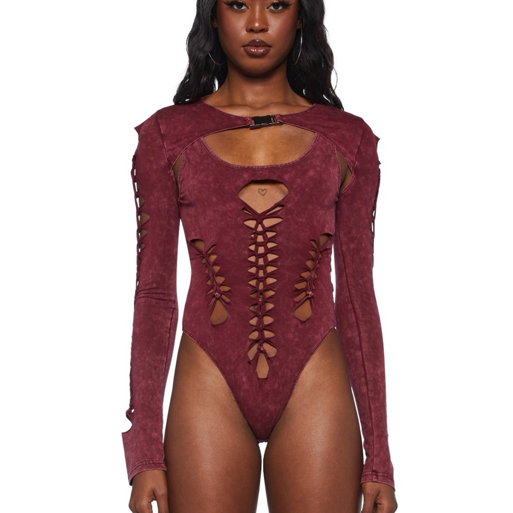 POSTER GIRL Maroon Cutout Bodysuit & Shrug